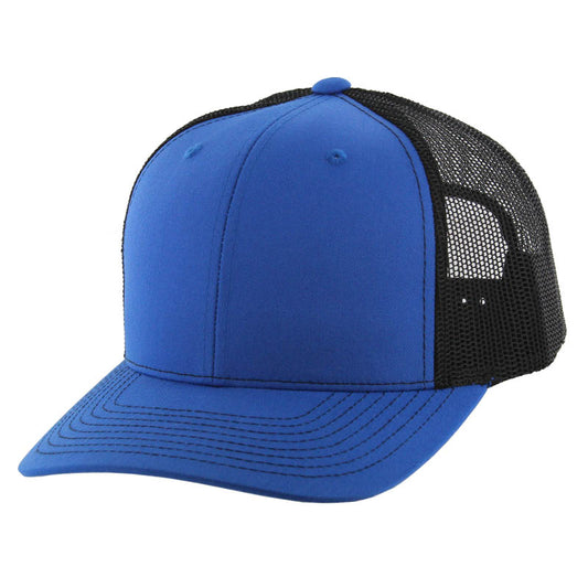 K815 , 6 PANEL, SLIGHT CURVE VISOR TRUCKER HAT , ROYAL/BLACK