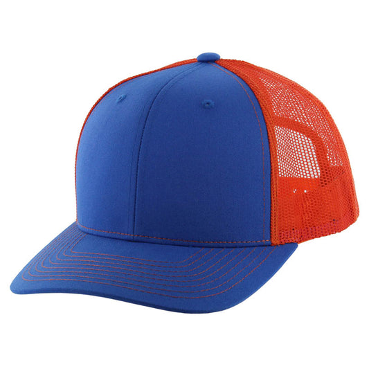 K815 , 6 PANEL, SLIGHT CURVE VISOR TRUCKER HAT , ROYAL/NEON ORANGE