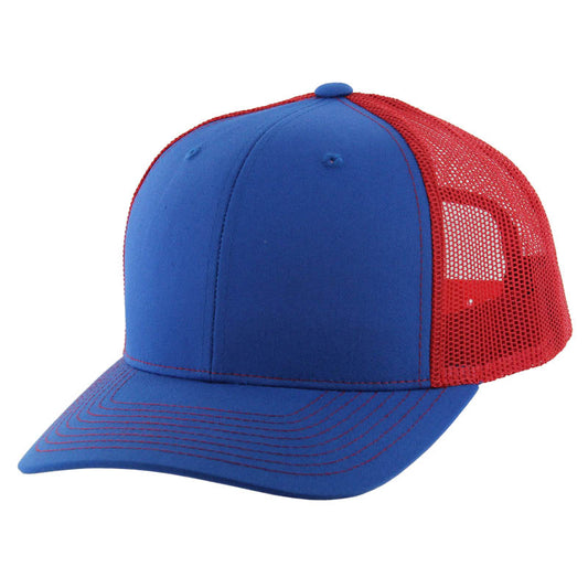 K815 , 6 PANEL, SLIGHT CURVE VISOR TRUCKER HAT , ROYAL/RED