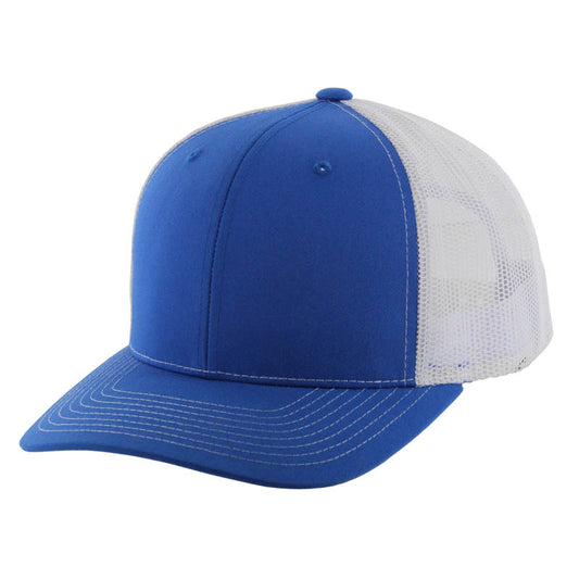 K815 , 6 PANEL, SLIGHT CURVE VISOR TRUCKER HAT , ROYAL/WHITE