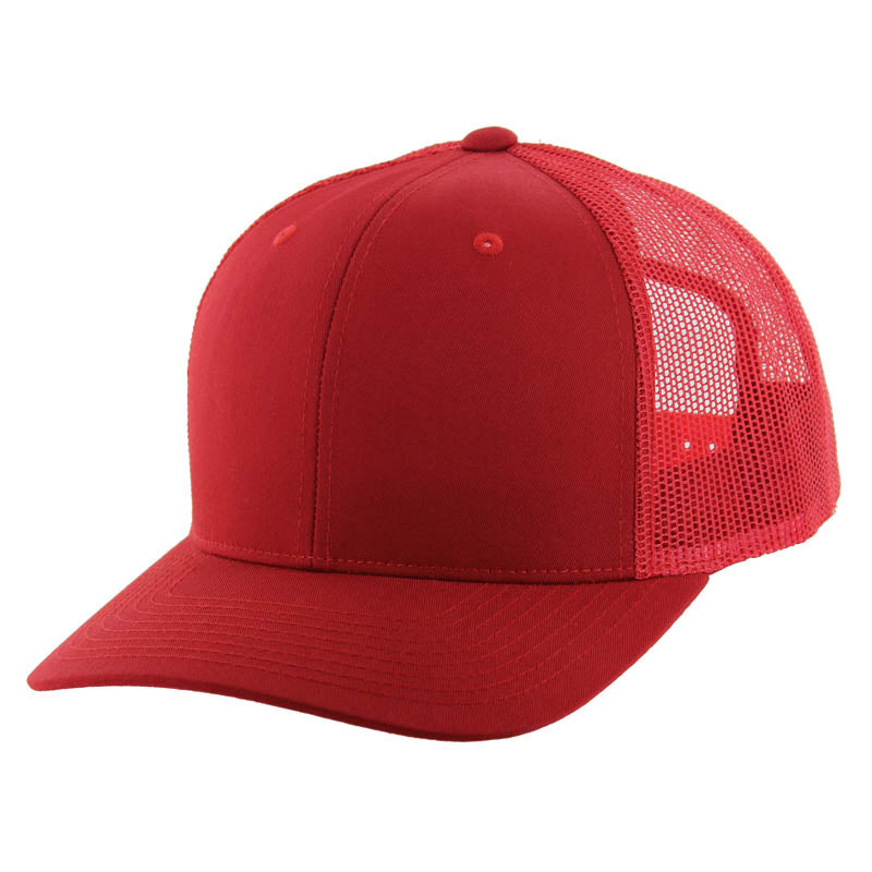 K815 , 6 PANEL, SLIGHT CURVE VISOR TRUCKER HAT , RED